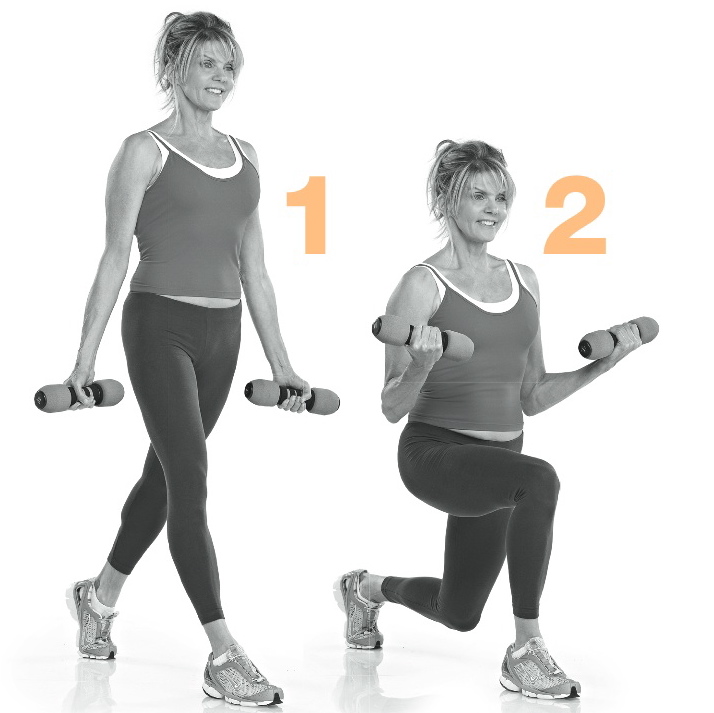 Lunge dip with bicep curl.