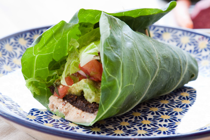 Seasoned nut loaf, guacamole, romaine lettuce, salsa & almond nut cheese wrapped in a collard leaf.